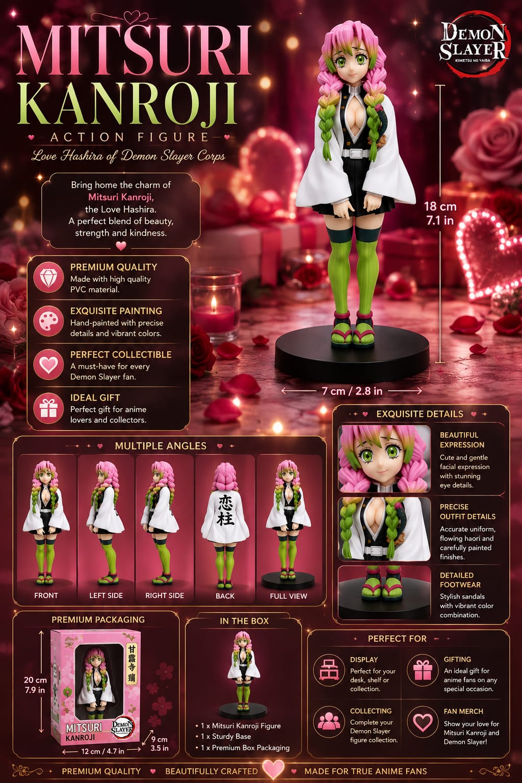 Mitsuri Kanroji Anime Action Figure 18CM | Demon Slayer PVC Collectible Statue | Premium Figure for Anime Fans | Desk Decor & Gift