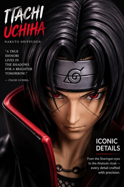 Itachi Uchiha figure close-up Sharingan and Akatsuki cloak details