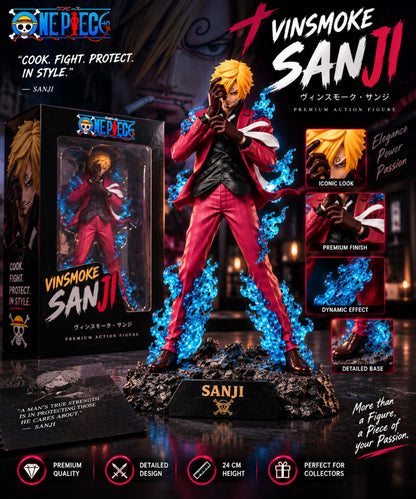 Vinsmoke Sanji One Piece action figure with display box and blue flame effects
