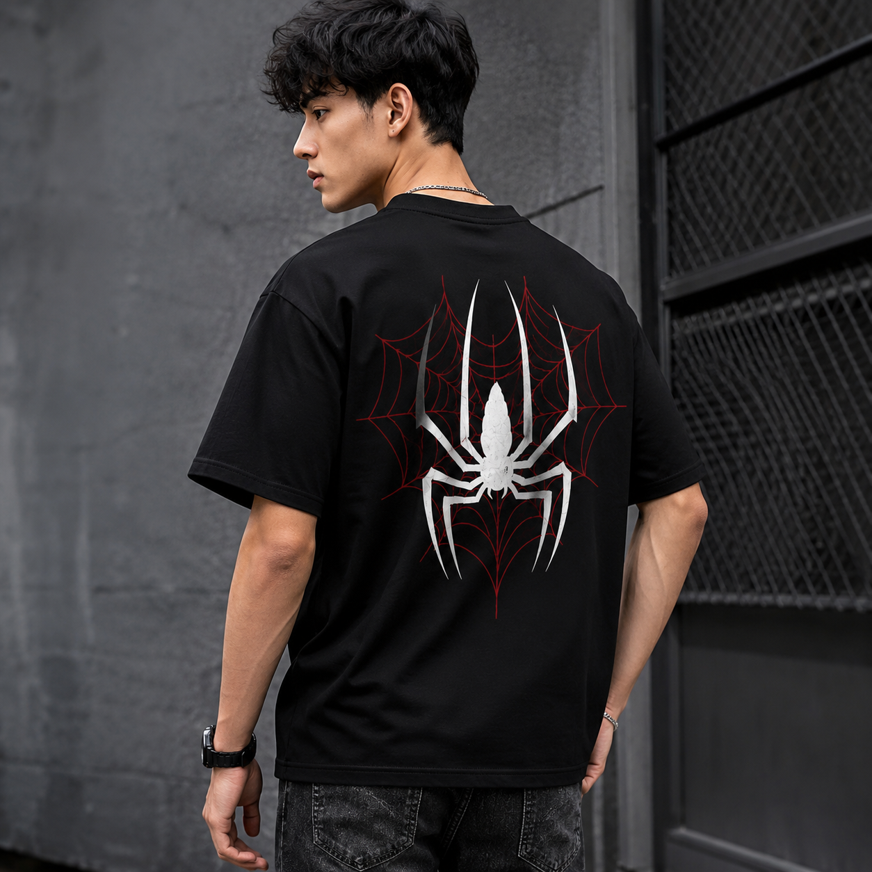 Shop premium Spider Web oversized black T-shirt made from soft cotton. Trendy gothic streetwear graphic tee for men & women. Perfect for casual everyday wear.