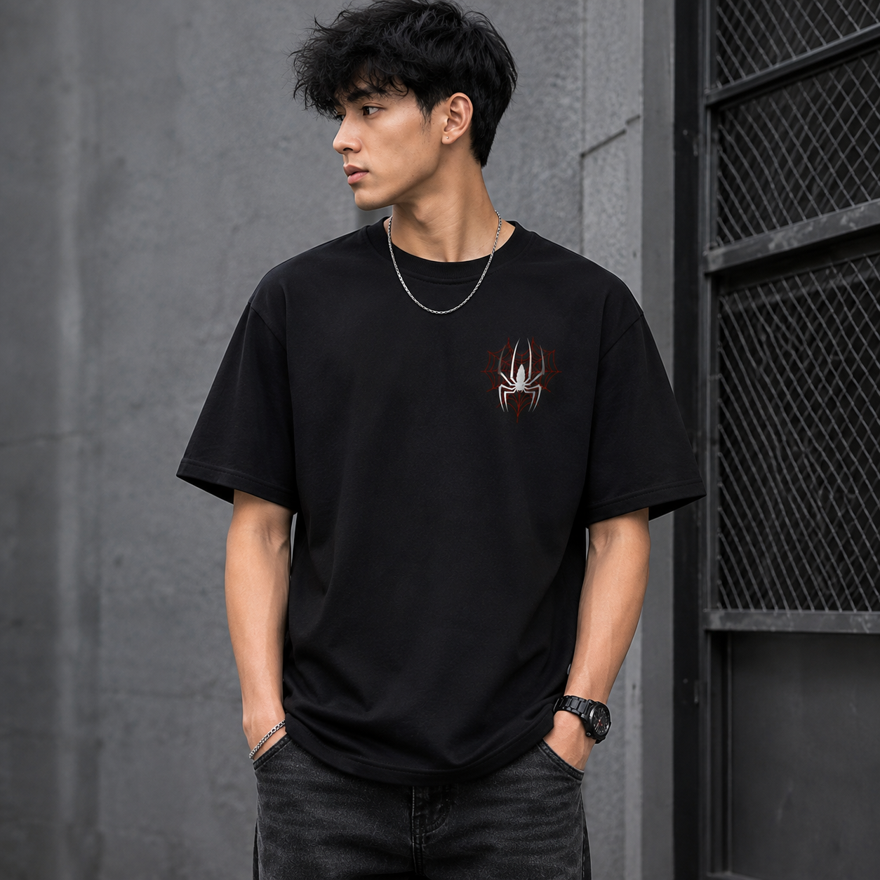 Shop premium Spider Web oversized black T-shirt made from soft cotton. Trendy gothic streetwear graphic tee for men & women. Perfect for casual everyday wear.