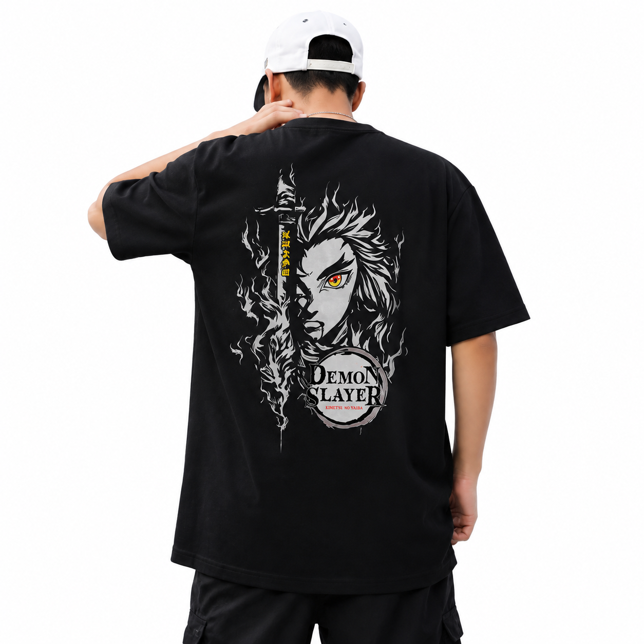 Demon Slayer Anime Oversized T-Shirt | Kimetsu No Yaiba Graphic Printed Cotton Tee | Japanese Anime Streetwear Black T Shirt for Men & Women