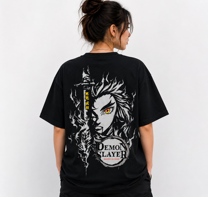 Demon Slayer Anime Oversized T-Shirt | Kimetsu No Yaiba Graphic Printed Cotton Tee | Japanese Anime Streetwear Black T Shirt for Men & Women