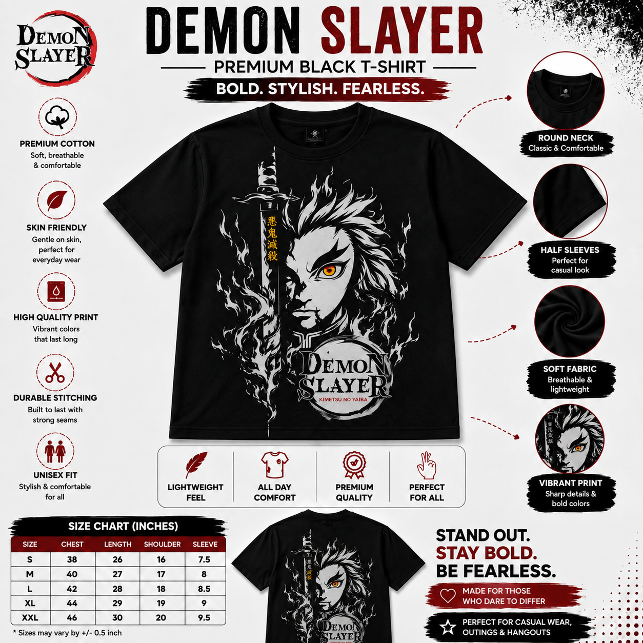 Demon Slayer Anime Oversized T-Shirt | Kimetsu No Yaiba Graphic Printed Cotton Tee | Japanese Anime Streetwear Black T Shirt for Men & Women