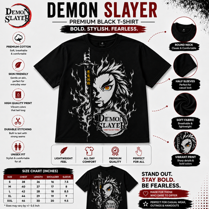 Demon Slayer Anime Oversized T-Shirt | Kimetsu No Yaiba Graphic Printed Cotton Tee | Japanese Anime Streetwear Black T Shirt for Men & Women