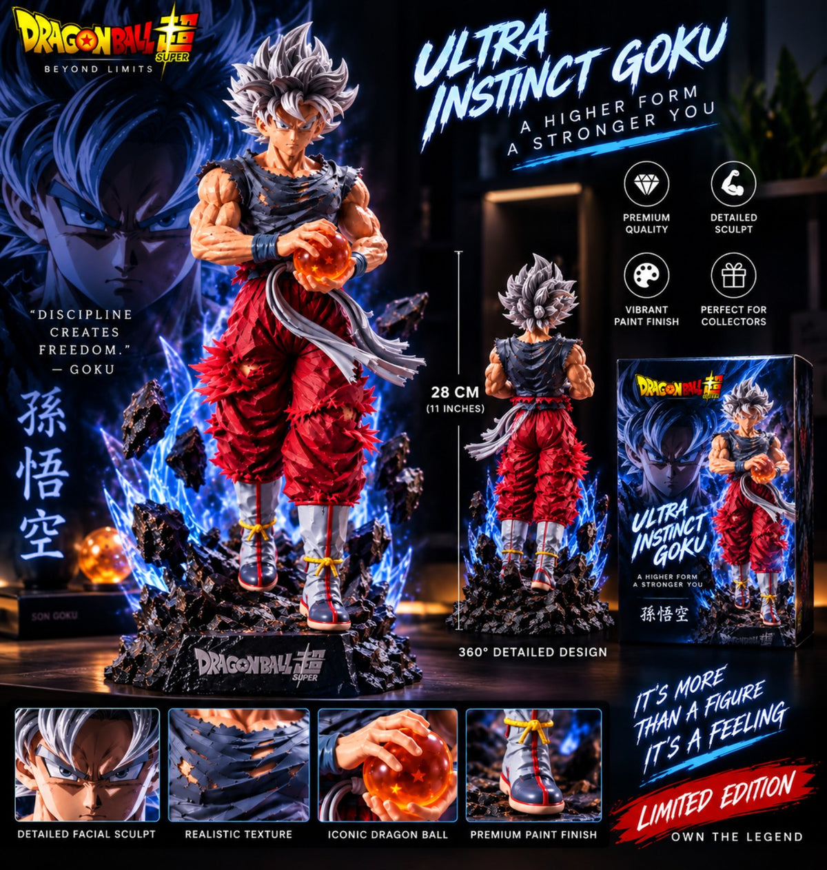 Ultra Instinct Goku figure with collectible packaging